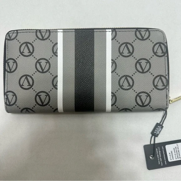 Vera New York Wallet Womens Black Signature Logo Zip Around Stripe Geometric New - Picture 4 of 10